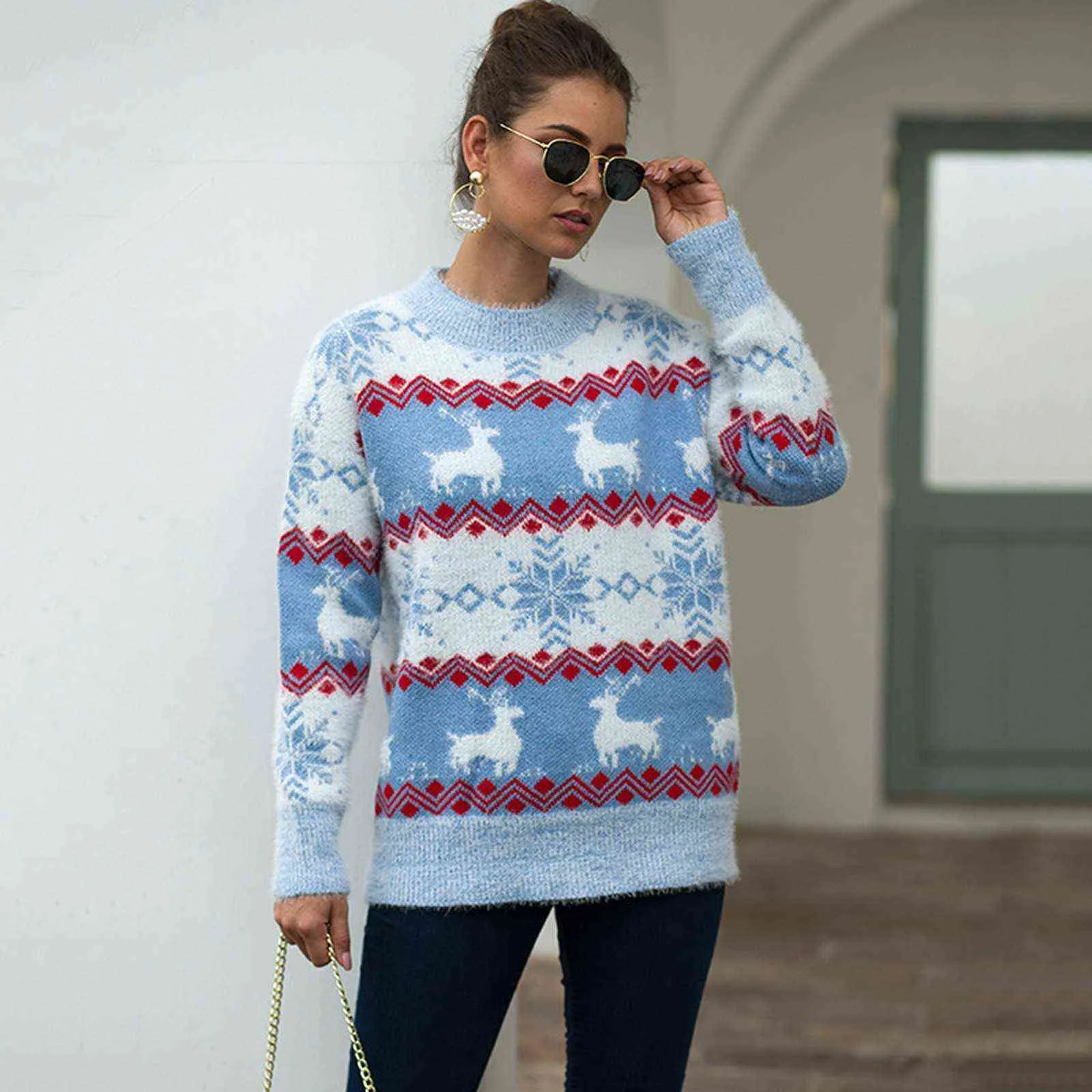 Ugly Christmas Sweater Long Sleeve Reindeer Elk New Year Women Knitted Sweater Round Neck Xmas Female Jumper Top Y1118