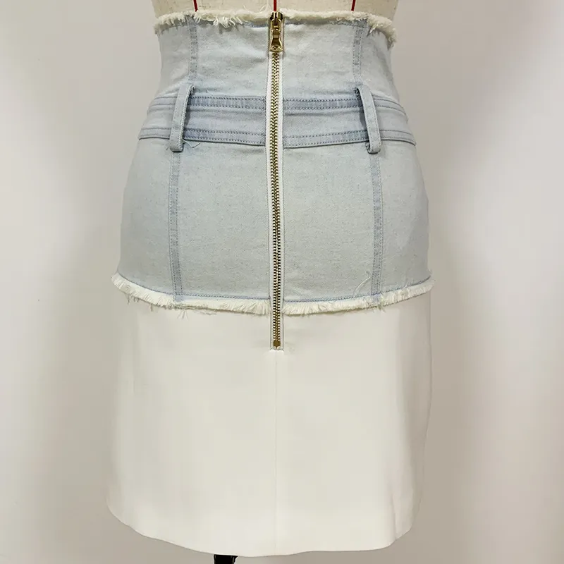 HIGH STREET est Designer Gonna da donna con nappe e frange in denim patchwork asimmetrico 210521