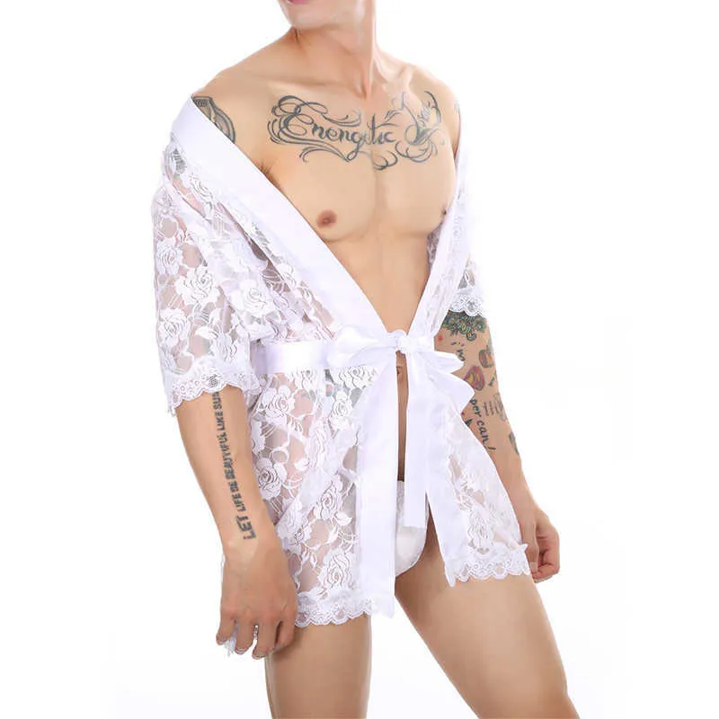 Camicia da notte sexy in pizzo da uomo con perizoma in rete stampata trasparente lunga vestaglia da spiaggia, accappatoio, vestaglia 210901