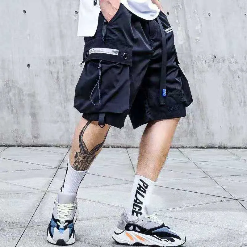 Sommer Shorts Cargo Hosen Männer Jogger Schwarz Stilvolle Taschenbänder Japanische Mode Streetwear Hip Hop Männlich Casual 210714
