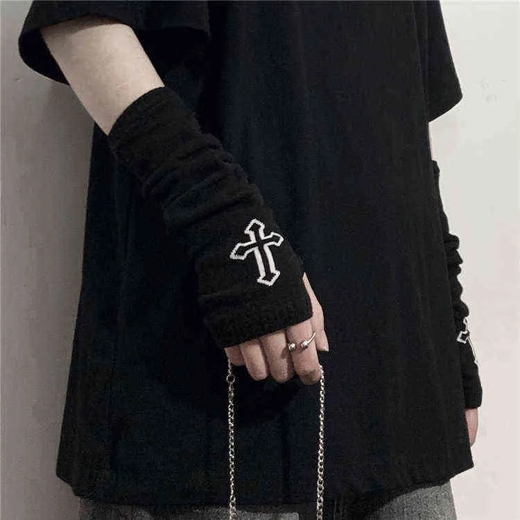 Guanti senza dita con maniche lunghe in maglia da donna stile punk gotico croce nera mezzo dito streetwear8551407