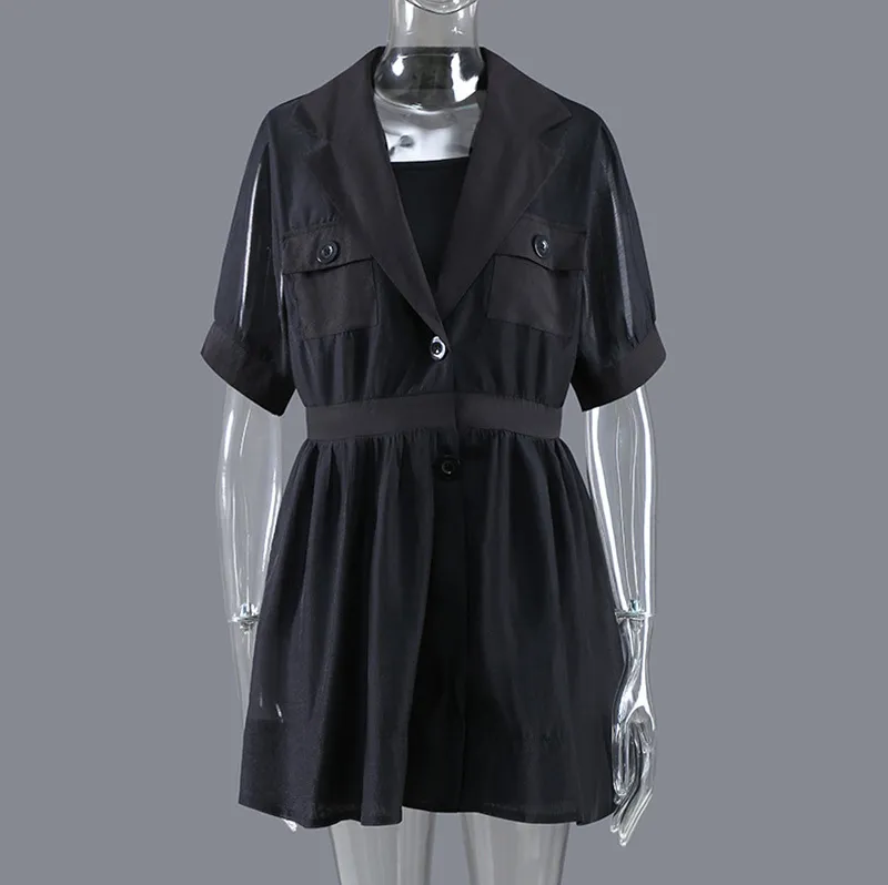 [EAM] Frauen Schwarz Casual Gespleißt Taschen Schärpen Zwei Stück Kleid Revers Kurzarm Lose Mode Frühling Sommer 1DD8540 21512