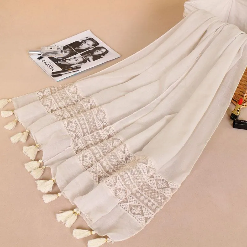 Scarves Selling Tassel Cotton Hijab Scarf Women Solid Color Lace Shawl Wrap Large Size Pashmina Stole Muslim Female Bufanda272D