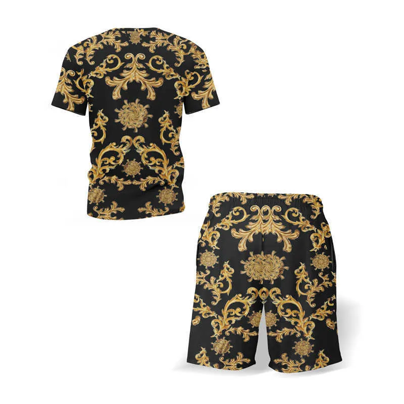 Klassisk Retro Stil Två Piece Set Kläder Sommar Kortärmad Lycklig Mönster T-shirt + Shorts Casual All-Match Mens Sets Y0831