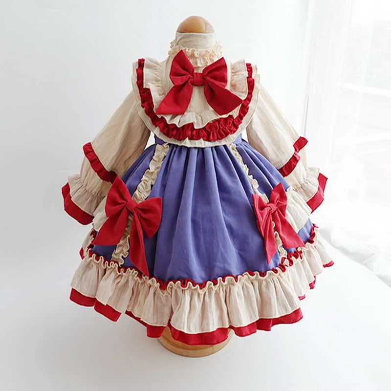 Lente tieners meisjes jurk lolita stijl peter pan kraag rode boog feest met kant hoofddeksels kinderkleding E009 210610