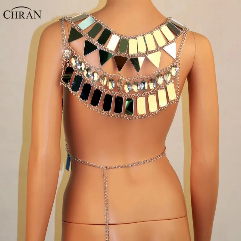 Chran Specchio Perspex Crop Top Catena di posta Reggiseno Collana allacciato al collo Body Lingerie Metallico Bikini Gioielli Burning Man Accessori EDM Cha2823