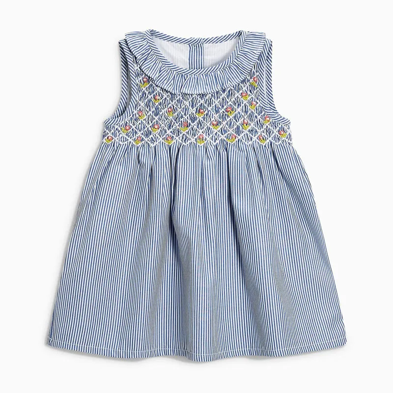 Little Maven New Summer Kids Light Blue Striped Turn-down Embroidery Girls 2-7yrs Robes à manches courtes en coton tissé 210329