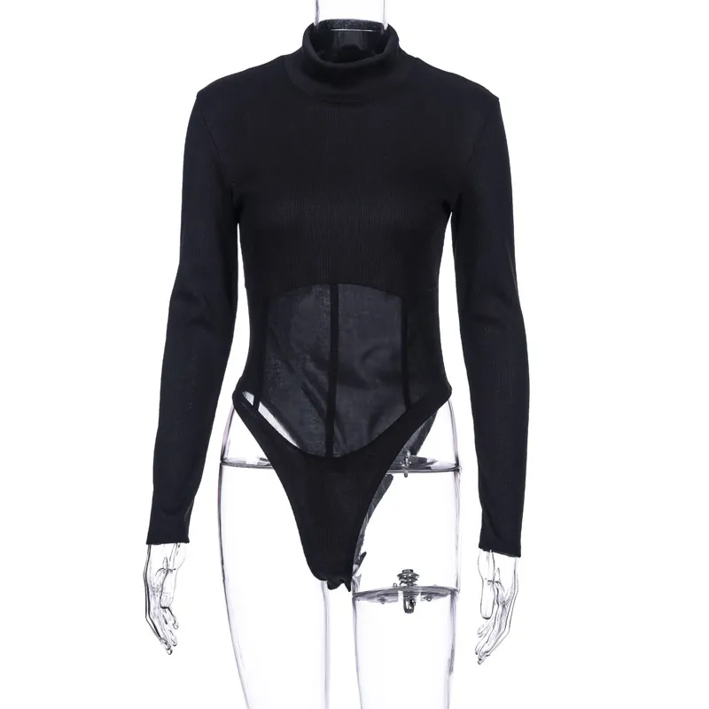 Omsj sexig svart turtleneck stickad patchwork mesh skinny bodysuit höst långärmad clubwear outfits kvinnliga streetwear onesies 210517