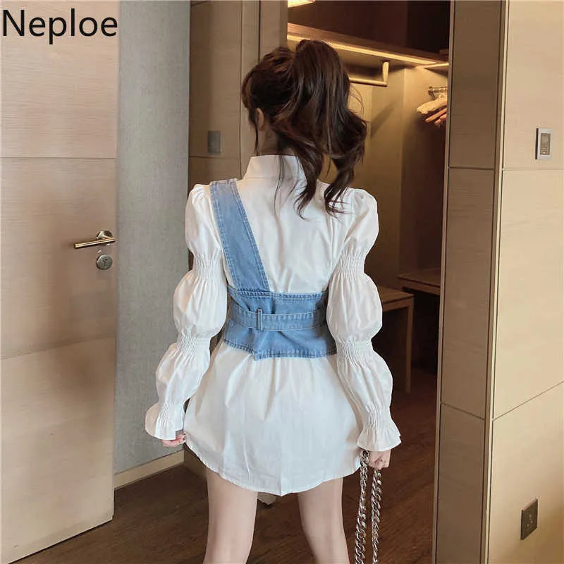 Neploe Korean Suit Set Loose Puff Sleeve White Blouse Tops Slim Waist Irregular Cowboy Vest Two Piece Outfits for Women 210730