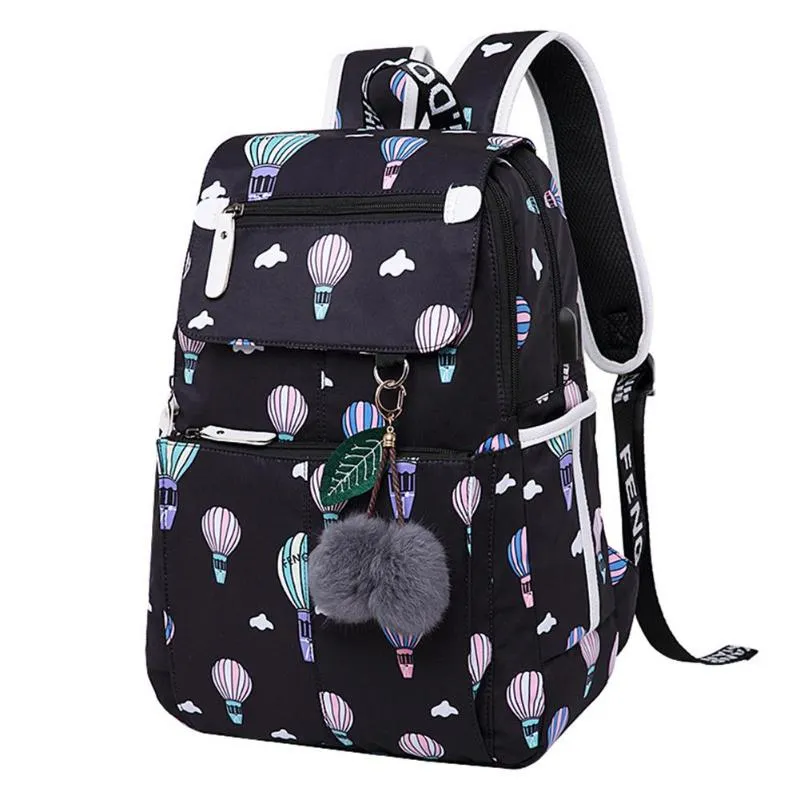 Torby szkolne USB Charge plecak moda dla dziewcząt Black Plush Ball Girl School Cherry Blossom Decoration2554
