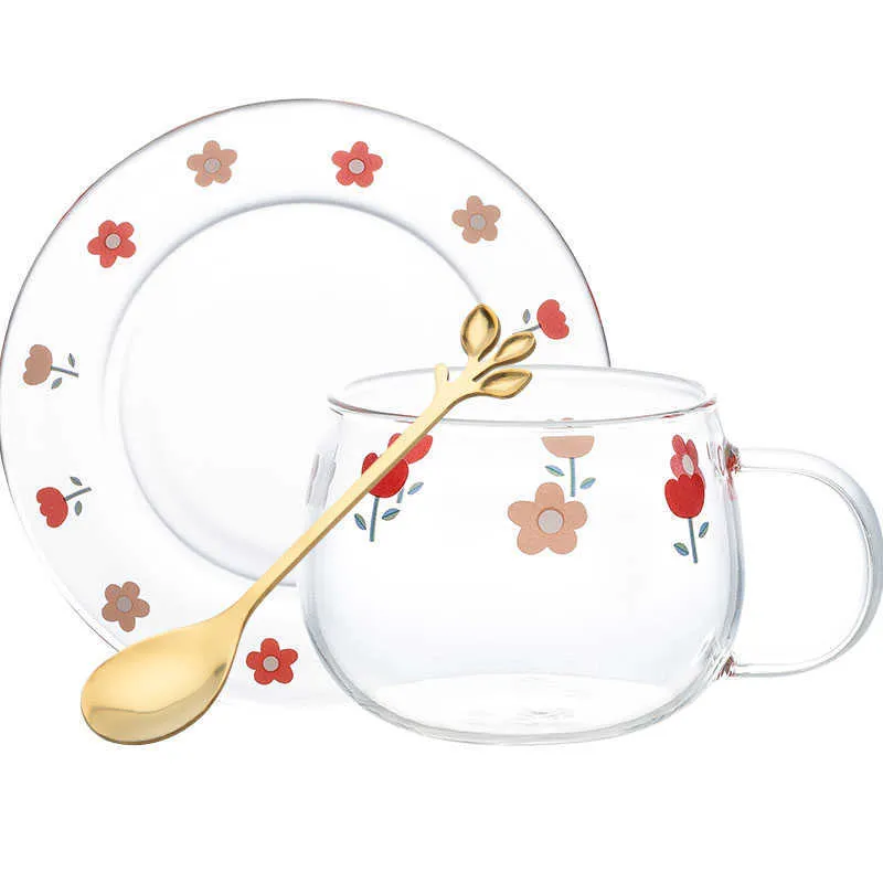 MDZF 400ml Fleur Lait Tasse Avec Cuillère Café Petit Déjeuner Tasse Ensemble Dessert Assiette Style Japonais Tasse À Eau Et Plat Mignon Filles Cadeaux 210804