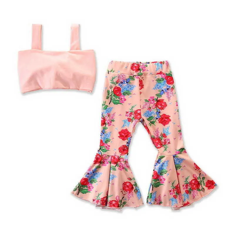 Retail Zomer Baby Meisje 2 stks Sets Leuke Tops + Uitlopende Broek Bell Bodem Bloemen Print Mode Outfits E94014 210610