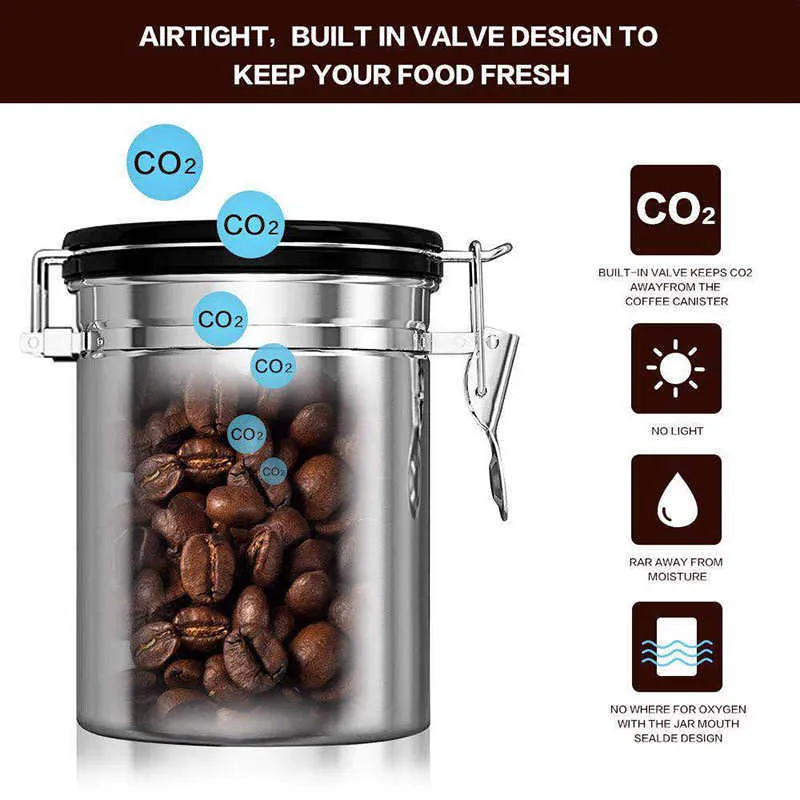 Leeseph Récipient hermétique en acier inoxydable avec valve de CO2 et cuillère – Garde votre café frais et savoureux
