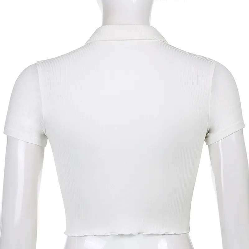 Casual com nervuras Kawaii Y2K T-shirt Branco com manga curta Botão de verão feminino Up Stretch Crop Top Black Shirt Tee 210510