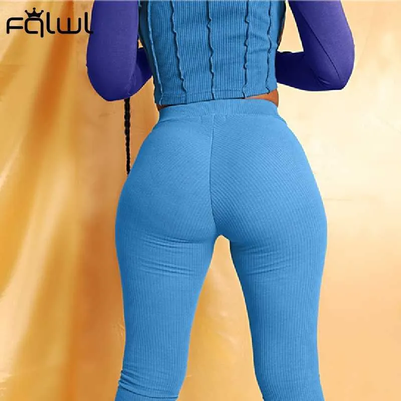 FQLWL été Streetwear pantalon slim femmes bleu élastique Patchwork Leggings empilés taille haute pantalons de survêtement pantalons joggers femmes Y0625