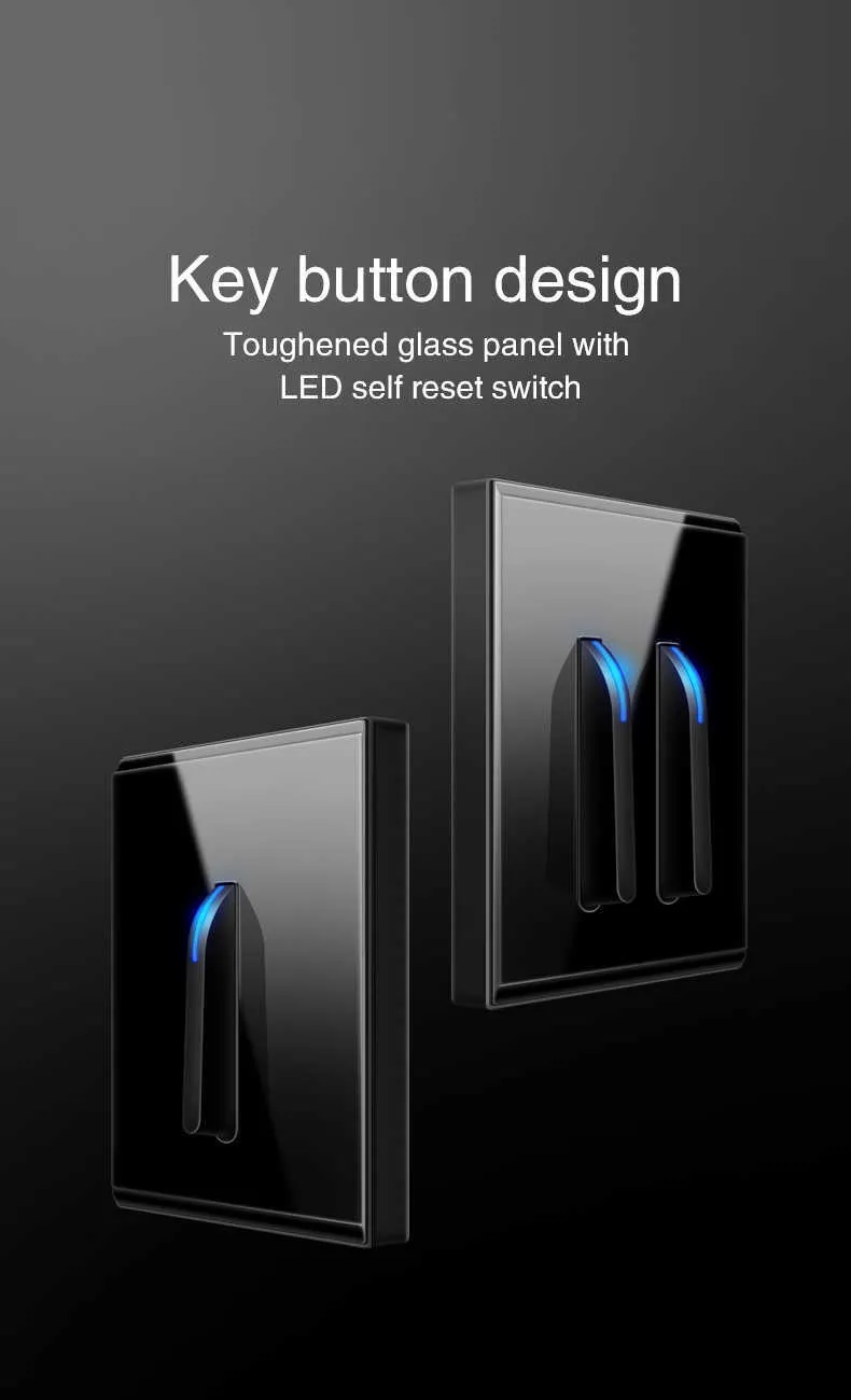 Luxury Light Switch LED Indikator Crystal Tempered Glass Piano Key Modell Design White Push Botton Wall Switches 220V Ny