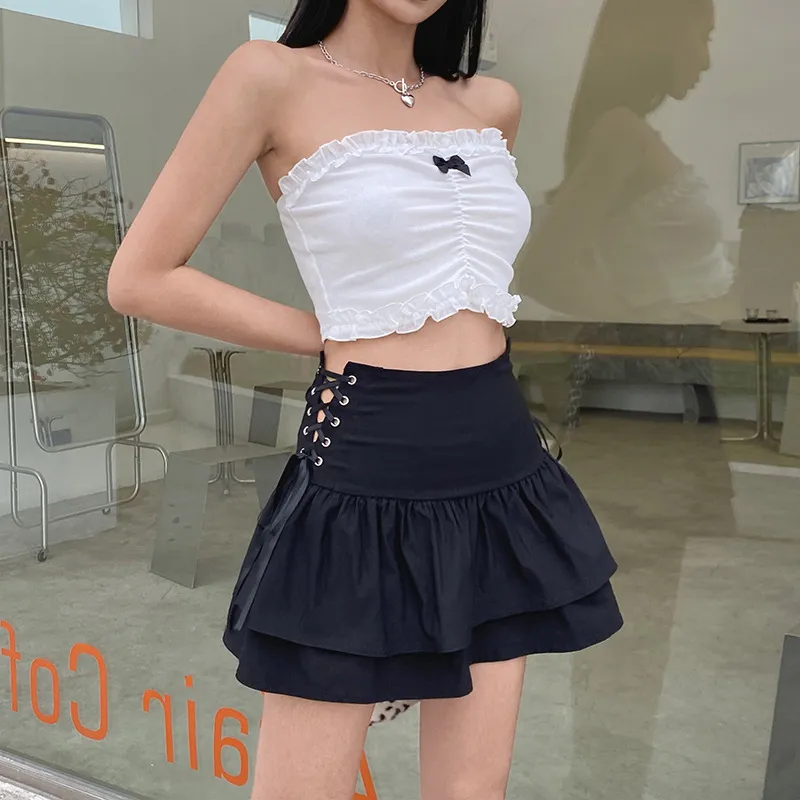 Solid Black Lace-up Tiered Layered Mini Y2K Skirt Women Kawaii Dark Academia Goth Korean Ruched Ruffles Skirts 90s Girls Outfits 210517