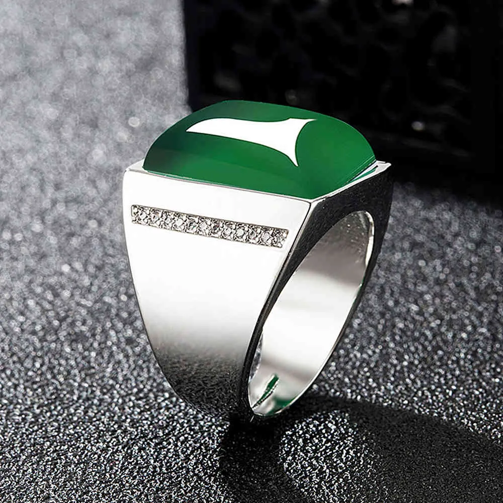 Vintage fashion Big square green jade gemstones bague white gold silver color zircon diamonds rings for men party accessory gift