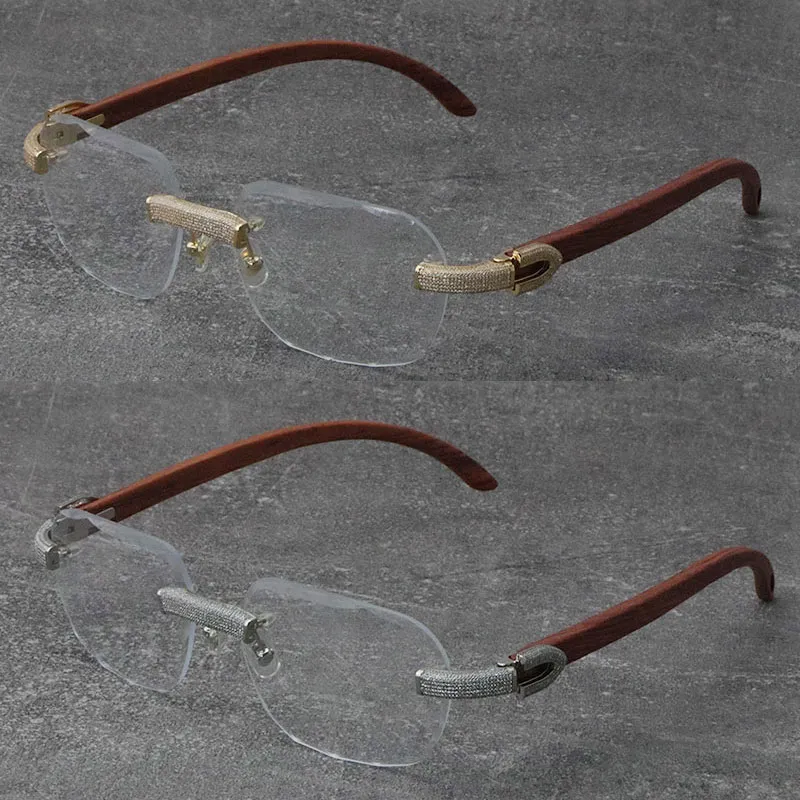 2022 Neue Schwarz-Mix-weiße Büffelhornrahmen Holzbrillen Randlose Diamant-Set-Brille Männer Frauen mit C-Dekoration Rocks Wire 18K g260J