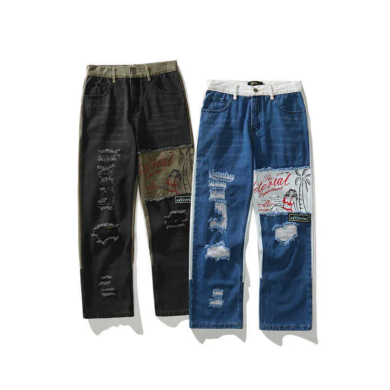 Streetwear Beach Beauty Jeans Uomo Blu Hip Hop Jeans strappati effetto consumato Pantaloni in denim dritto con toppa distrutta lavata C0607