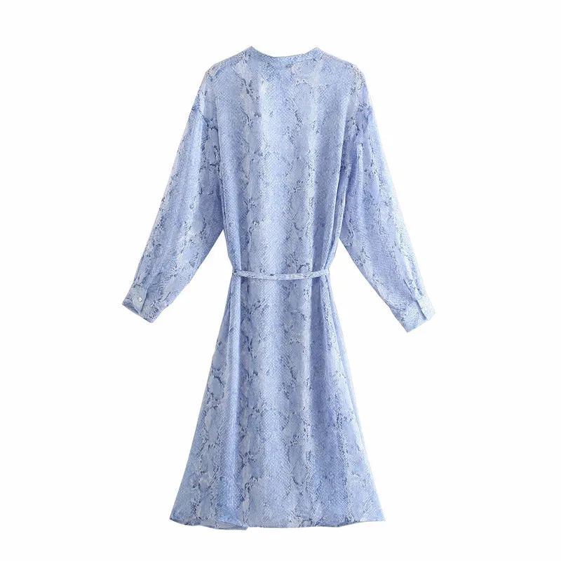 Woman Dress Blue Belt Snake Print Long Shirt Women Elegant Sleeve es Ladies Vintage Midi 210519