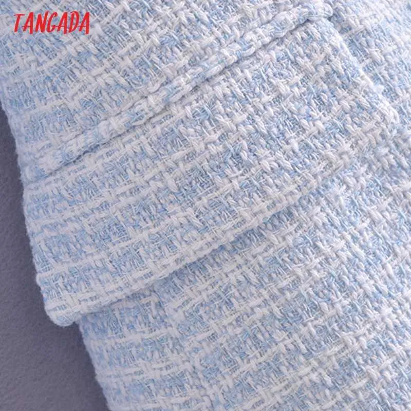 Tangada Wesid Fashion Blue White Plaid Tweed Blazerコートビンテージダブルブレスト女性オフィスレディシックトップス3H91 210930