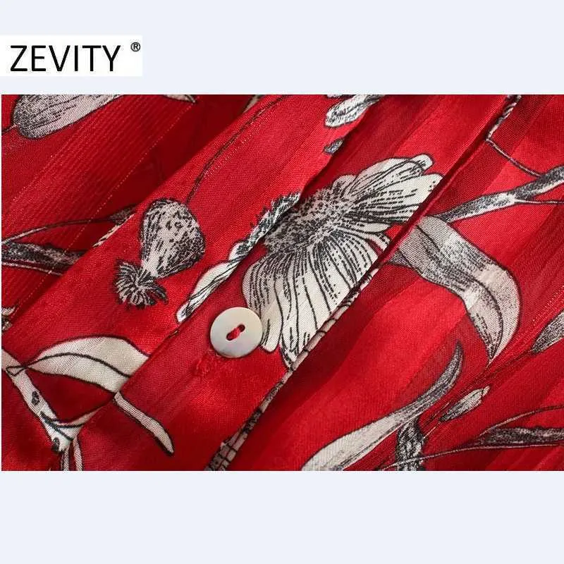Zevity, blusa roja con estampado Floral a la moda para mujer, camisas informales con lazo de manga larga para oficina para mujer, Blusas elegantes Chemise, Tops LS7293 210603
