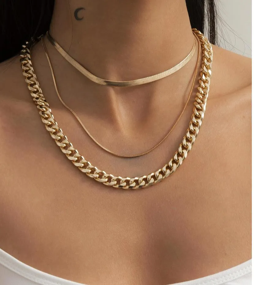 JShine Punk Layered Link Flat Round Snake Chain Necklace Women Gold Silver Color Choker Curb Chunky Men Jewelry Chokers290f