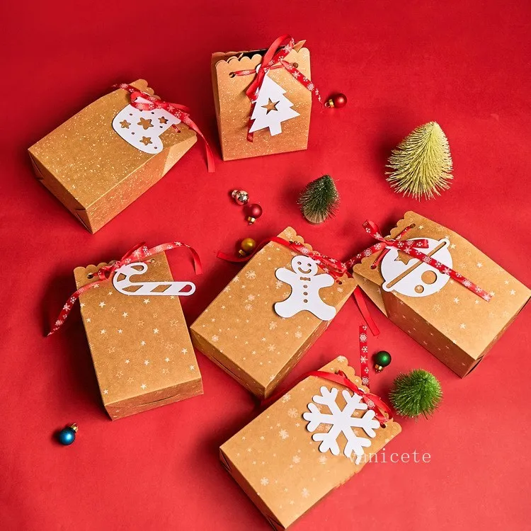 Bricolage grand sac en papier kraft boîte à bonbons de Noël avec étiquette blanche ruban boîte cadeau pomme T2I52810