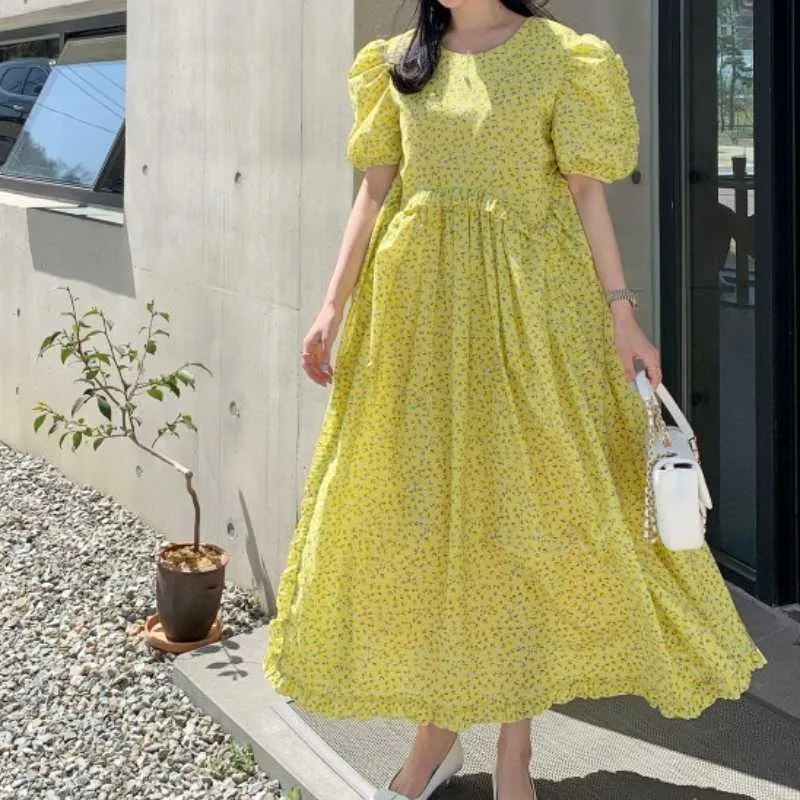 Koreanische Blumen Frau Kleid Puff Hülse O-ansatz Kausalen Kleider Sommer Rüschen Patchwork Hohe Taille Vestidos 6H708 210603