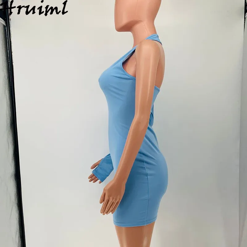 Groothandel feestjurken hoge taille lange mouw één schouder sexy voor dames zomer backless avondclub mini blauw 210513