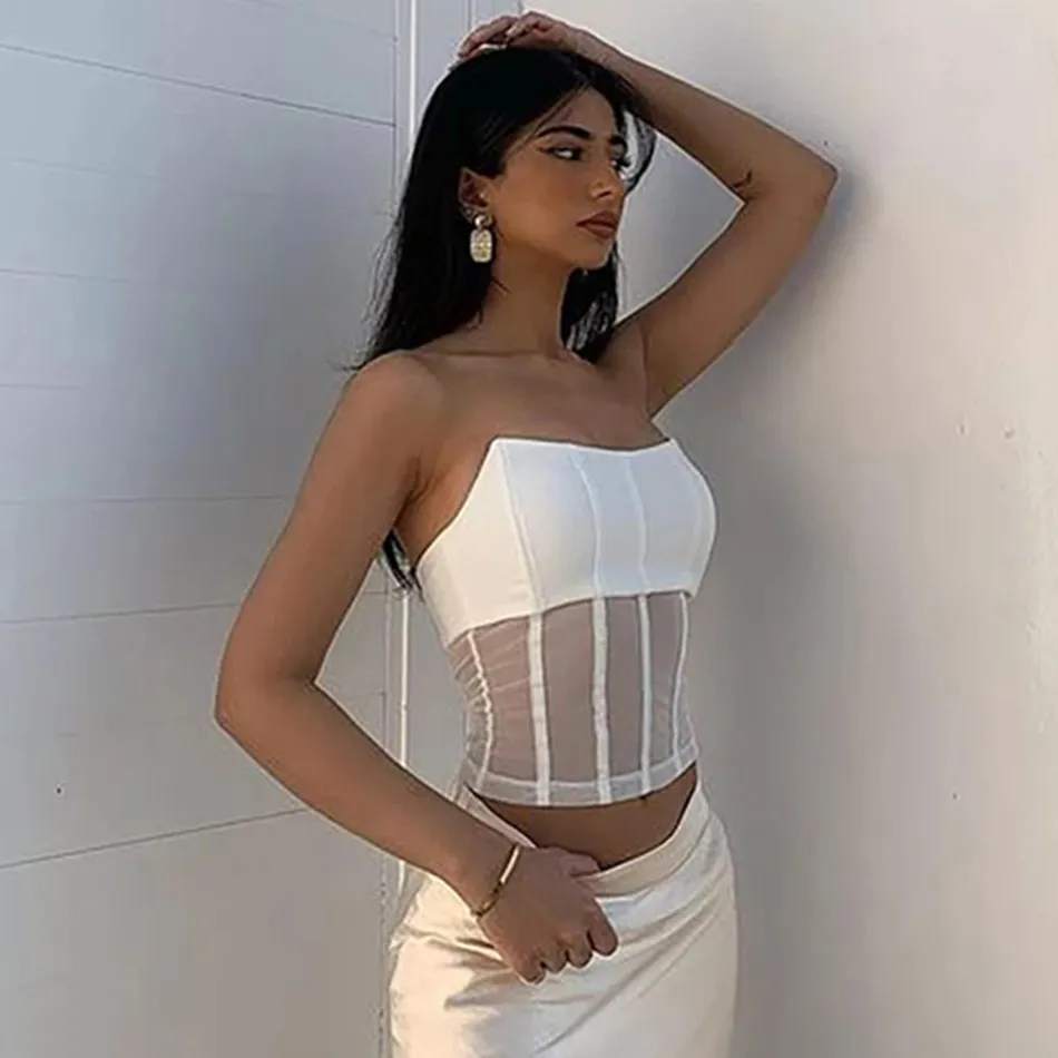 Free Sexy Summer Chest Wrap Bandage Crop Top Women's White Sleeveless Halter Mesh Patchwork Club Party 210524