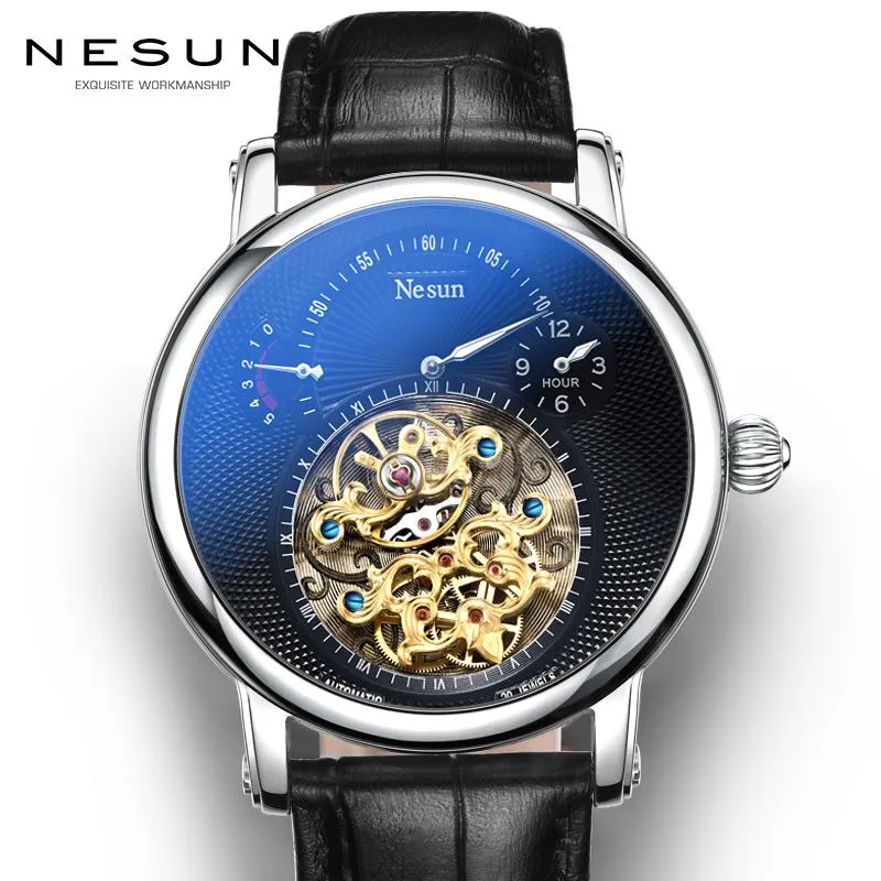 Top NESUN Switzerland Skeleton Tourbillon Automatic Mechanical Men's Watches Sapphire Waterproof Energy Clock N9081 Wristwatc263B