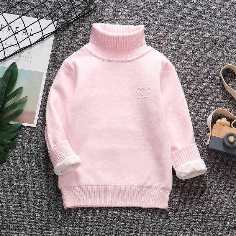 Kid Thick Knitted Bottoming Turtleneck Fall Winter Boy Girl Adult Add Velvet Shirts Solid High Collar Pullover Sweater 211104