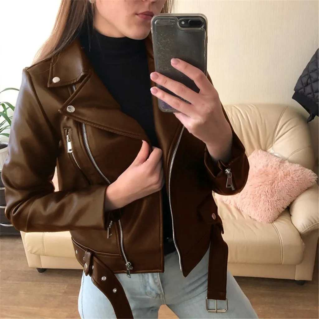 Femmes automne couleurs unies Cool Faux cuir veste à manches longues fermeture éclair col rabattu moto motard manteau court vêtements d'extérieur # g3