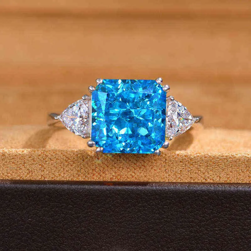O'as 100% 925 Sterling Silver 10 * 10mm rosa amarelo Aquamarine altos anéis de diamante de carbono para mulheres cintilantes casamento fino jóias 211217