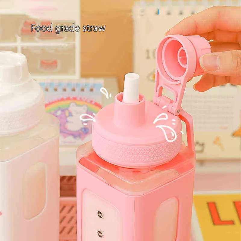 Kawaii Bär Pastellwasserflasche mit 3D -Aufkleber 700 ml/900 ml Plastik Reise Tee Saft Milch tragbares Süßes Shaker Drink Flasche Geschenk Y1120