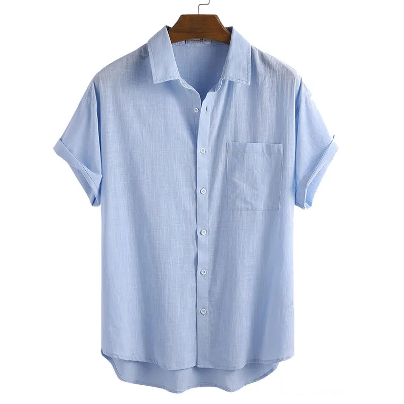 Solid Green Linen Summer Men Shirt Casual Loose Shirts for Men with Pocket Lapel Button Up Mens Short Sleeve Shirt Streetwear 210524