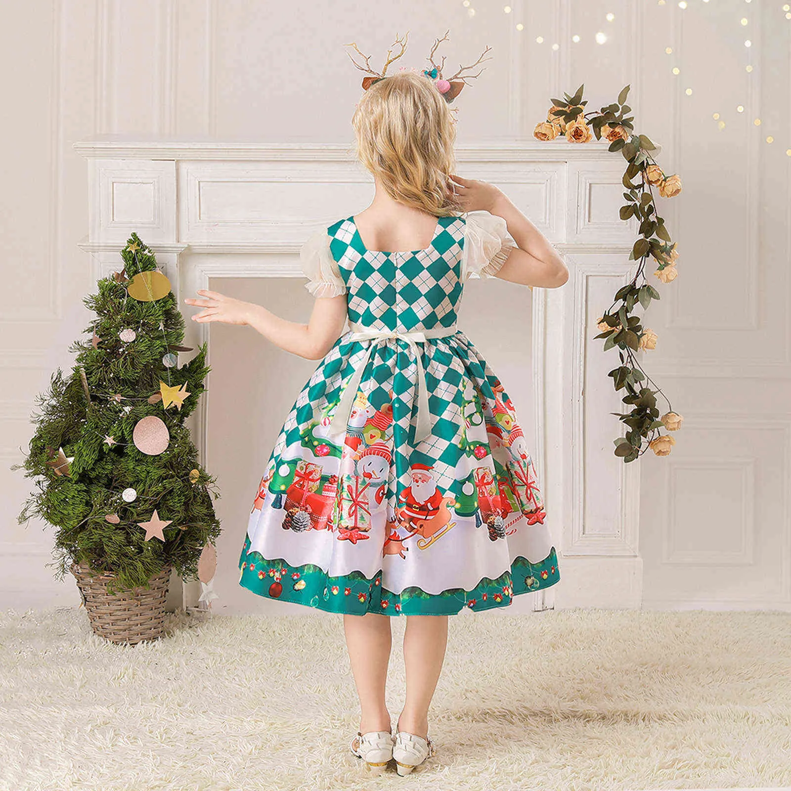 Toddler Kids Girls Abiti Cute Christmas Babbo Natale Stampa Fiocco in raso Abito da festa di compleanno Abiti lunghi Abbigliamento bambini G1026