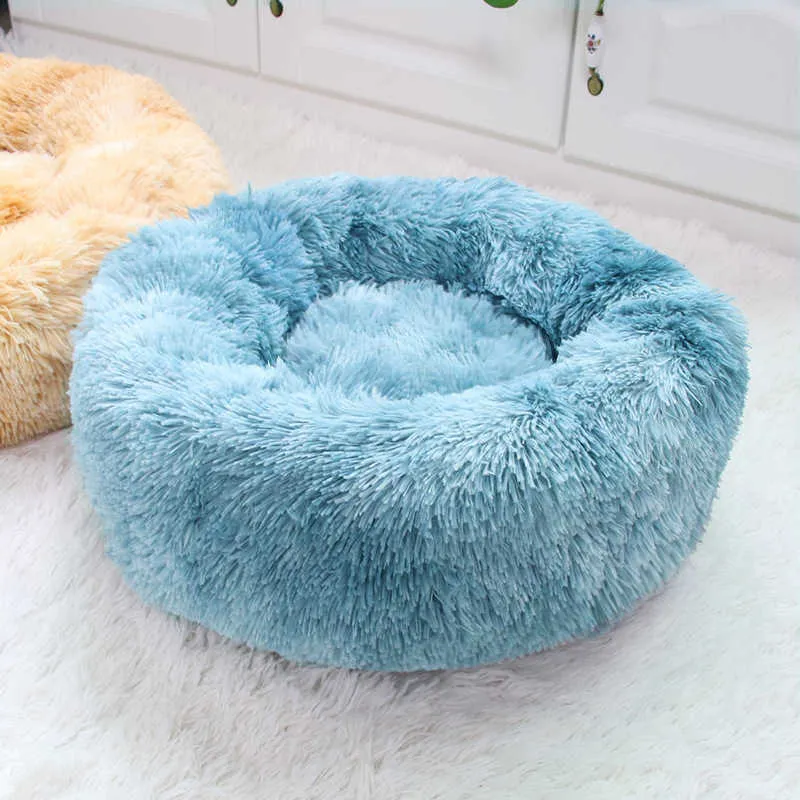 Głęboki Sen Cat Bed Dom Pet Kot Hodowla Okrągła Długa Pluszowa Zima Ciepłe Nest Pad Dog Łóżko Teddy Rainbow Colors Cat Supplies 210722