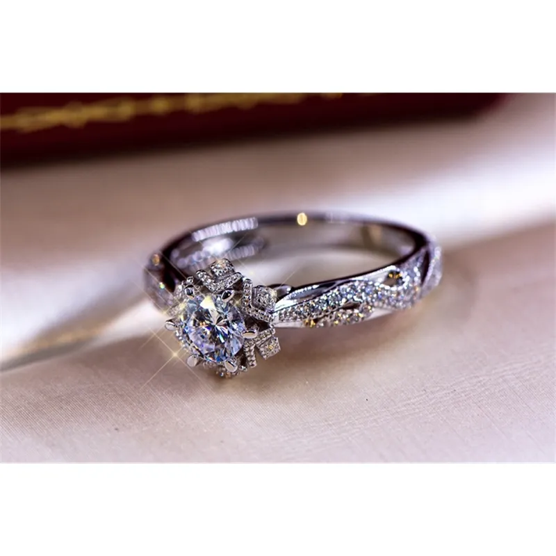 Brautring mit rundem, brillantem 1-Karat-Diamant in Krappenfassung, Jahrestag, Verlobung, Hochzeit, Weißgoldringe für Frauen