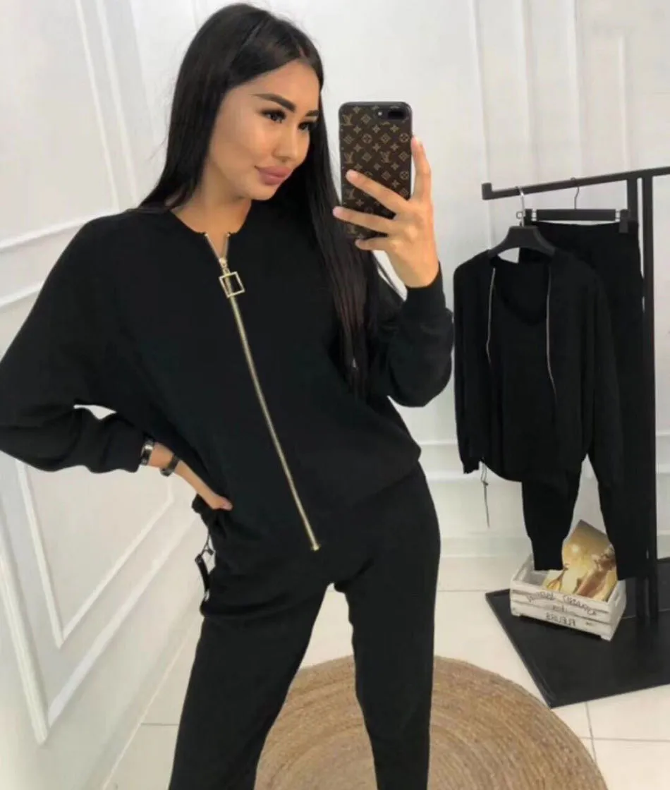 Free Fashion Women's Knitted Sweater Set Casual Zip Long Sleeve Jacket & Camisole Elastic Pants 3-piece 210524