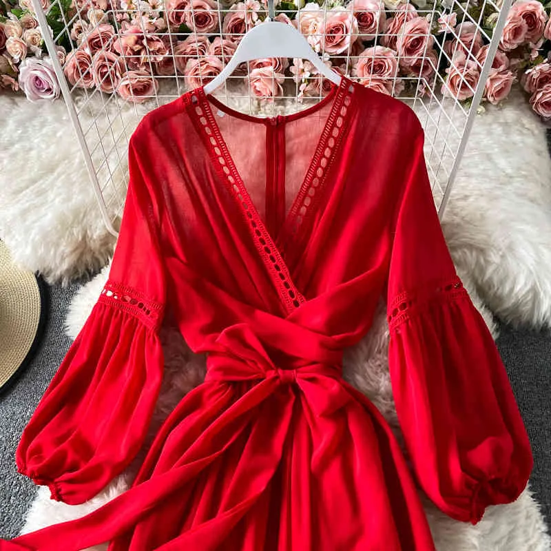 Nomikuma Vintage Lantern Sleeve V-neck Women Dress Fashion Elegant Red Dresses New Bow Bandage Slim Waist Vestidos 6E690 210427