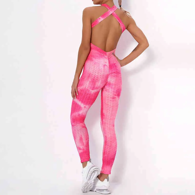 Femmes Body Yoga Sport Tie-Dye Fitness Vêtements Femme One-Pieces Sports Suit Workout Gym Fitness Jumpsuit Sexy Yoga Pants H1221