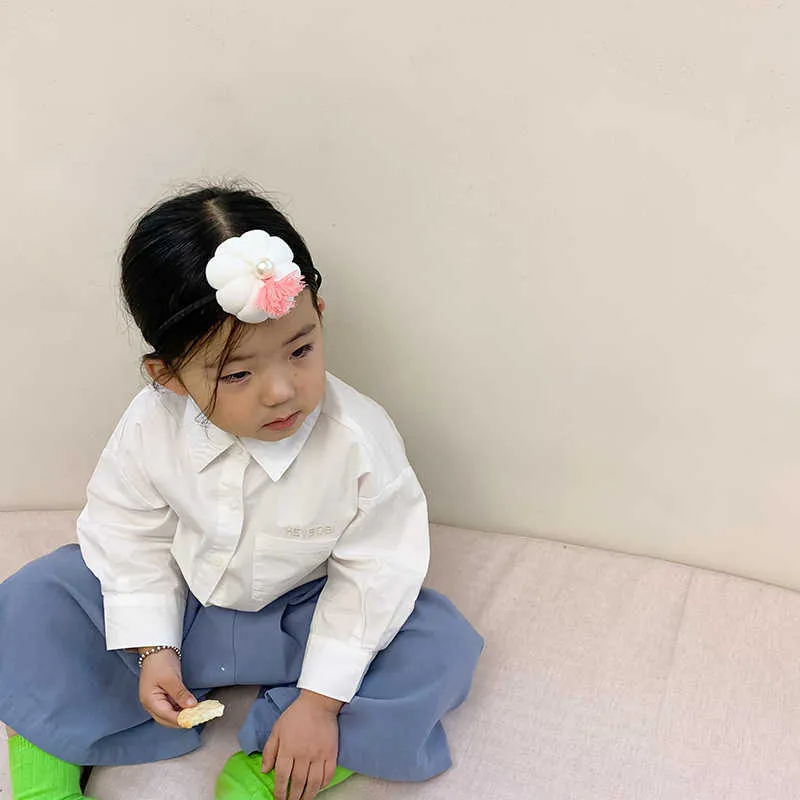 韓国風ファッションユニセックス刺繍レターホワイトシャツ春秋の男の子女の子カジュアルオールマッチトップス服210615