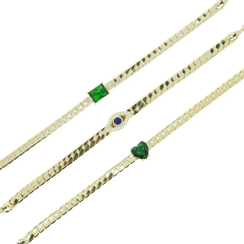 Gliederkette, 5 mm, Fischgrätenmuster, mit einzelnem grünem Herz, rechteckiger Augenanhänger, Goldfarbe, europäisches Damenmode-Armband Rodn222752