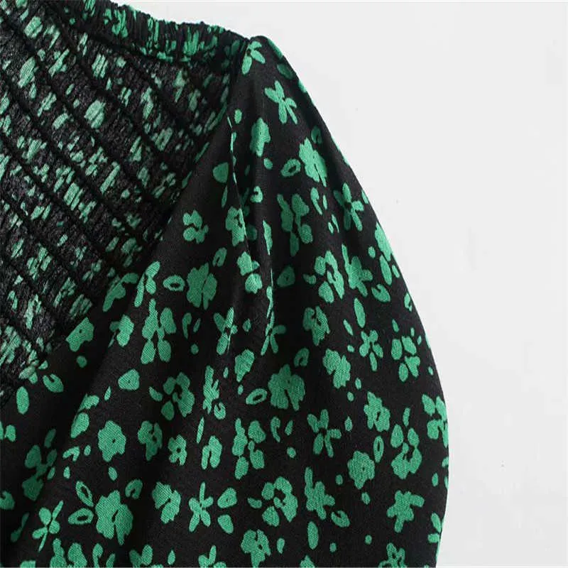 ZA été imprimé fleuri Mini robe femmes à manches longues smocké élastique Vintage vert robes femme Chic côté Zip Vestidos 210602