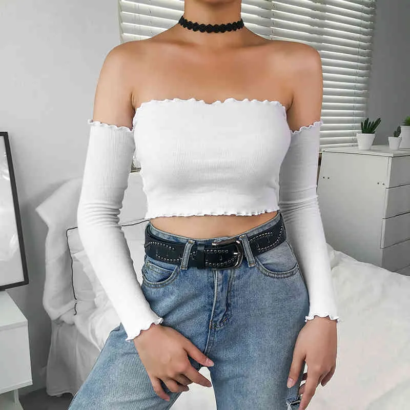 Sexy fuera del hombro volantes acanalado estiramiento camiseta negra mujeres otoño streetwear slash cuello manga larga crop top 210510