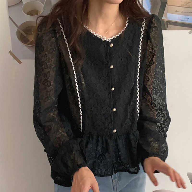 Korejpaa Dames Shirt Zomer Korea Chic Frans Stijl Ronde hals Kant Crochet Design Single-Breasted Losse Puff Sleeve Blouse 210526