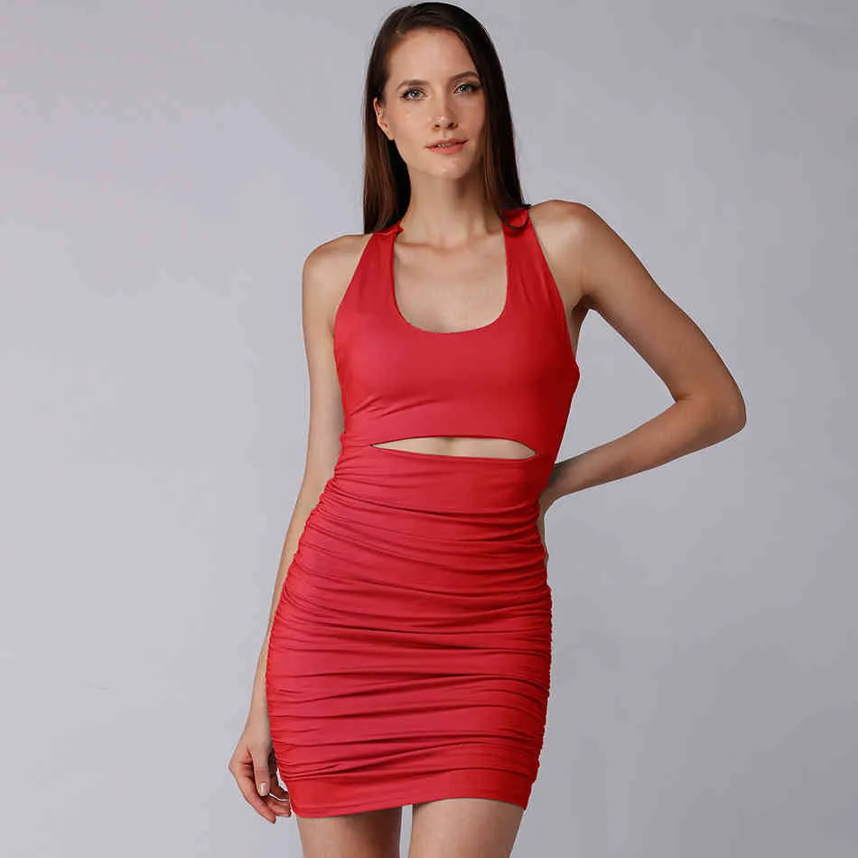 Summer Women Red Tank Sleeveless Dress Sexy Hollow Out Draped Mini Party Celebrity Evening Wear Club Dresses 210423